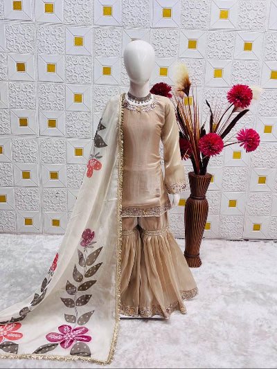 Kids Beige Gold Embroidery Work Sharara Set