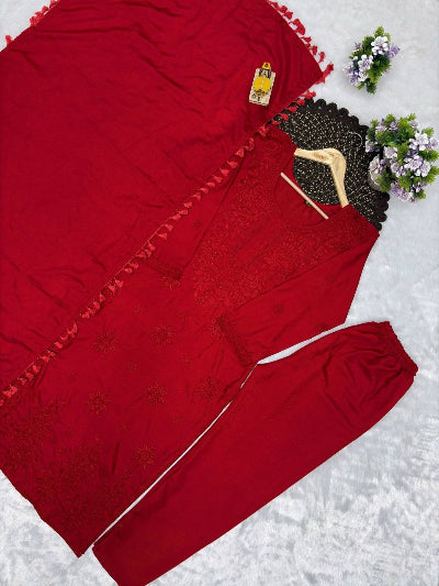 Red Embroidered Rayon Straight Suit Set