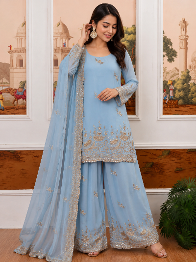 Powder Blue Georgette Gold Sequins Intricate Work Palazzo Suit