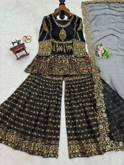 Black Gold Embroidered Wedding Gharara Suit UK Next Day