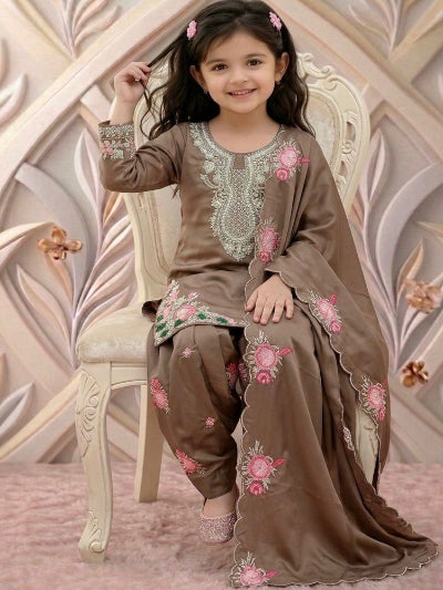 Dusty Brown Floral Kids Embroidered Punjabi Suit
