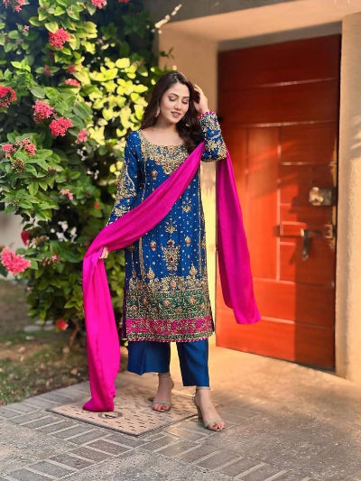 Peacock Blue Pink Sequins Embroidered Straight Suit