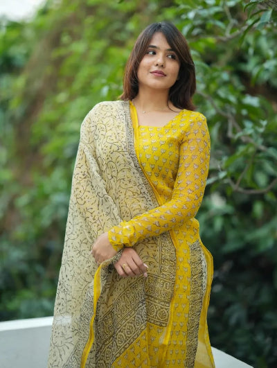 Yellow Premium Kota Doriya Straight Suit UK Next Day