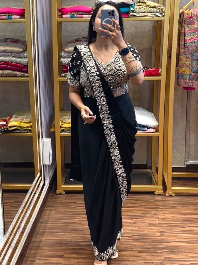 Black Ready to Wear Drape Saree Embroidered Blouse