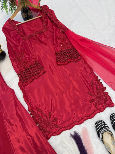 Red Embroidery Beads Work Palazzo Sharara Suit UK Next Day