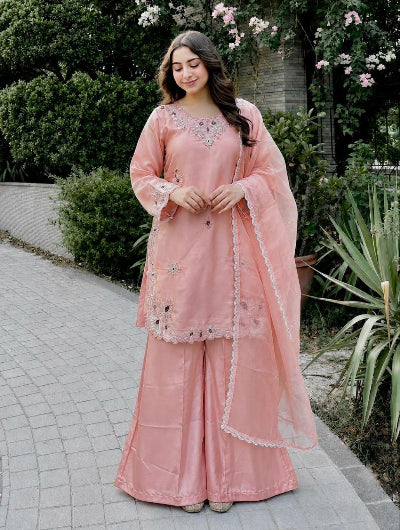 Pastel Pink Silk Embroidered Palazzo Suit | Asian Wear