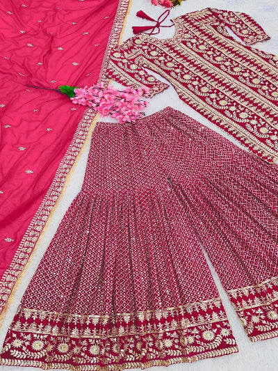 Dark Pink Sequins Work Partywear Sharara Suit UK Next Day