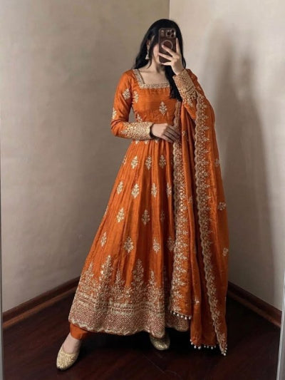 Orange Silk Designer Gown Suit with Embroidered Dupatta