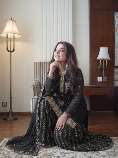 Black Georgette Elegant Embroidered Gharara Suit Set