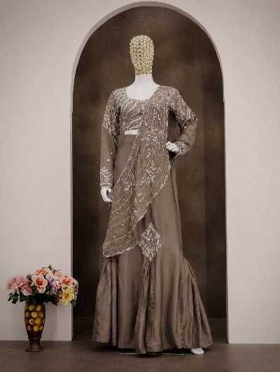 Dusty Taupe Brown Ready to Wear Drape Lehenga Saree