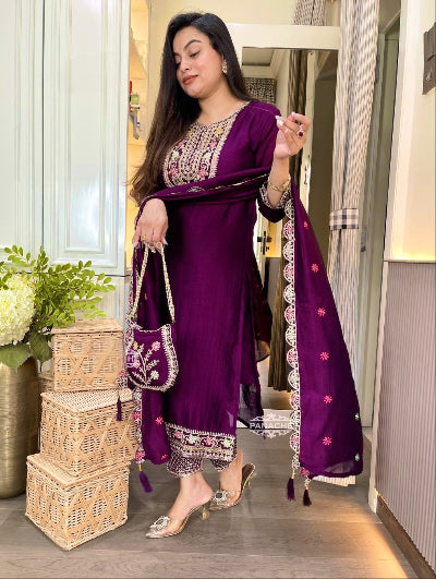 Purple Chinon Silk Embroidered Straight Suit Set