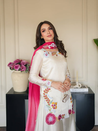 Ivory Floral Embroidered Sharara Palazzo Suit with Pink Dupatta