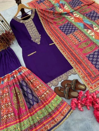 Purple Multicolour Chinon Silk Sharara Suit for Women UK Next Day