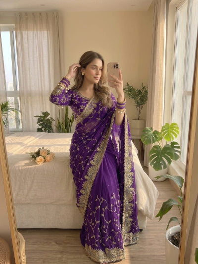 Purple Georgette Gold Embroidered Ready to wear Saree with Stitched Blouse