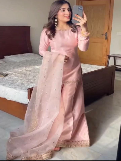 Pastel Pink Embroidered Satin Palazzo Set UK Next Day