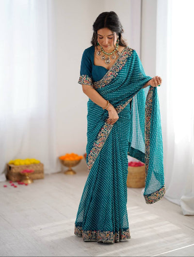 Blue Leheriya Georgette Pre-pleated Saree with Free Stitched Blouse