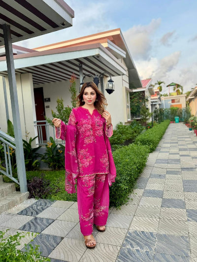 Hot Pink Georgette Floral Farshi Suit Set for Women UK