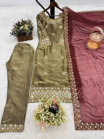 Antique Gold Embroidered Tissue Silk Straight Suit with Maroon Dupatta