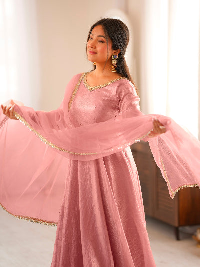 Blush Pink Crush Silk Mirror Work Gown Suit | Women&