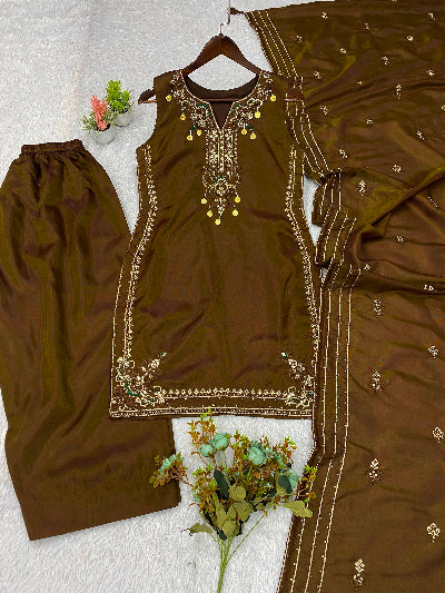 Olive Brown Sequins Embroidered Sleeveless Salwar Suit Set for Women UK