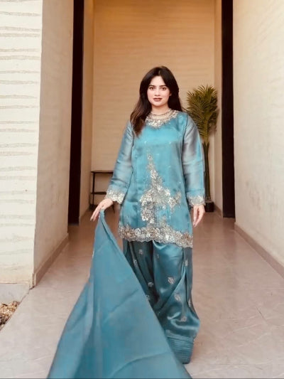 Aqua Teal Blue Tissue Silk Embroidered Farshi Suit