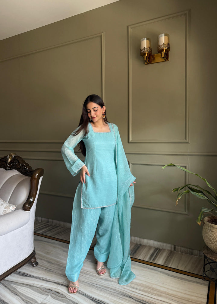 Powder Blue Crunchy Silk Farshi Suit Set UK Next Day