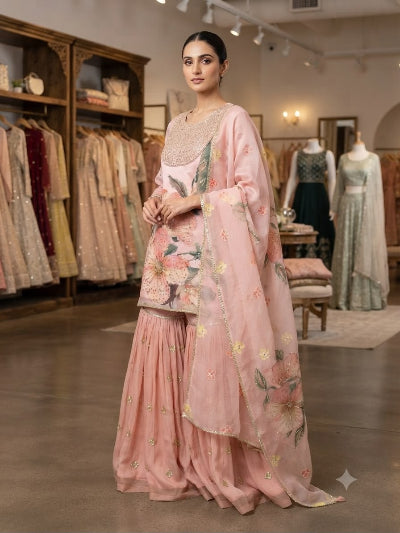 Dusty Peach Soft Organza Embroidery Work Ethnic Sharara Suit for Women