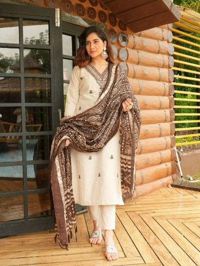 Chikoo Khadi Cotton Embroidered Kurta Set for Women