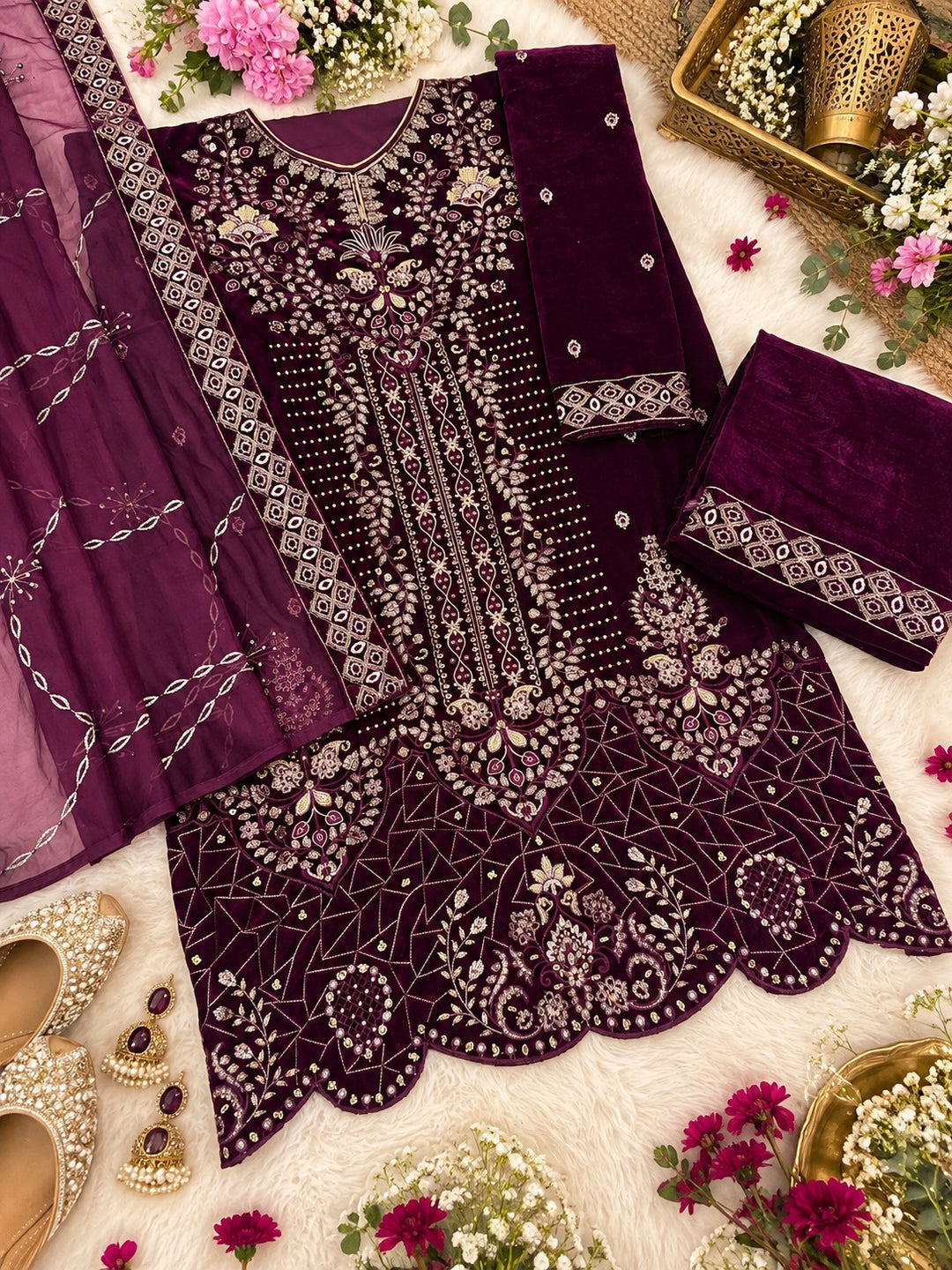 Plus Size Velvet Embroidered Suit for Women UK