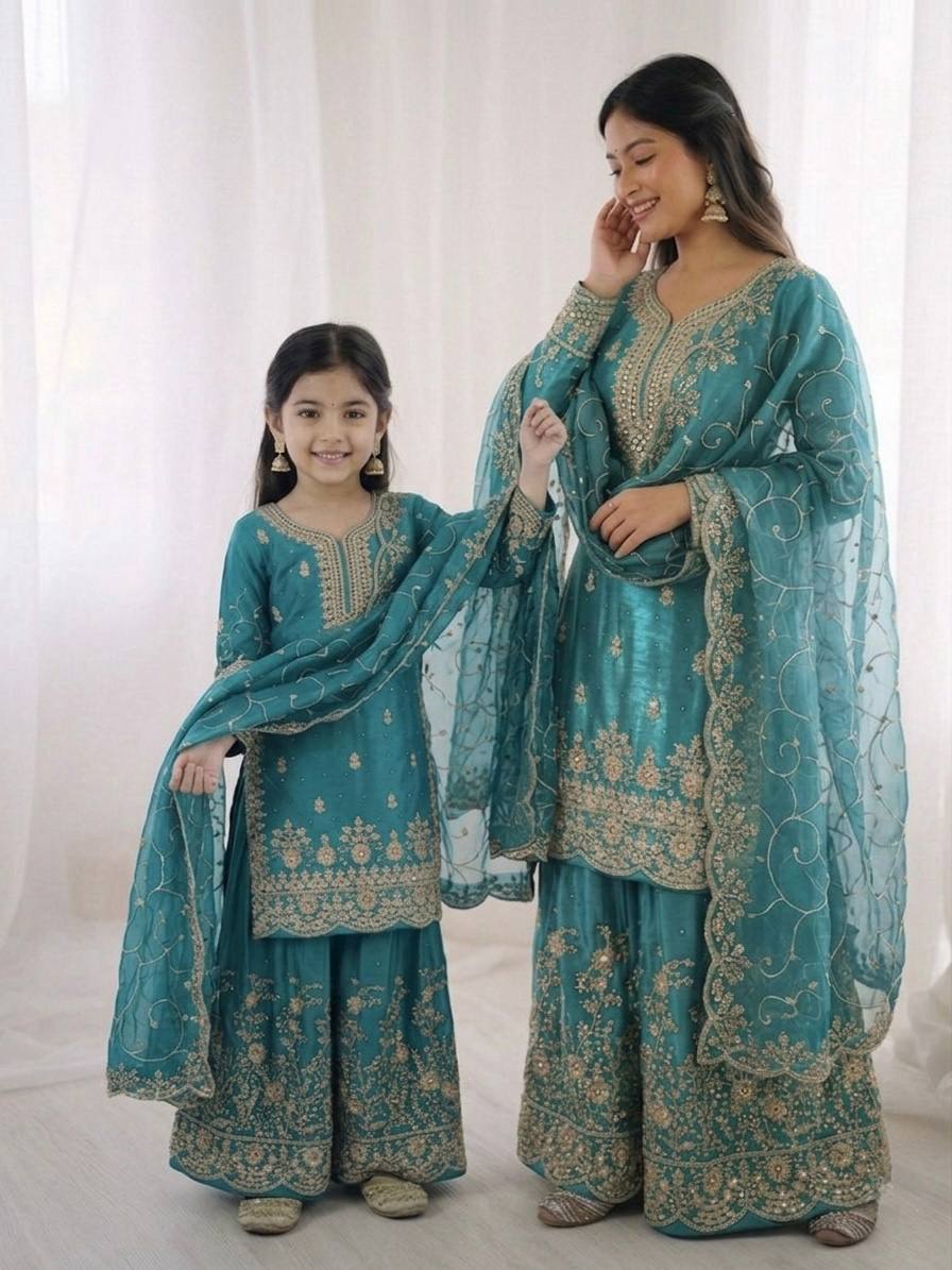 Mother Daughter Matching Festive Silk Sharara Suit Set