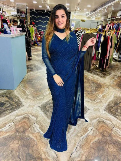 Deep Blue Georgette Embellished Ready to wear Saree with Blouse UK Next Day