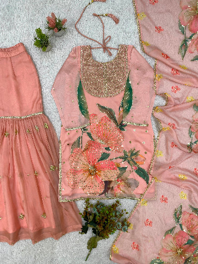 Dusty Peach Soft Organza Embroidery Work Ethnic Sharara Suit for Women