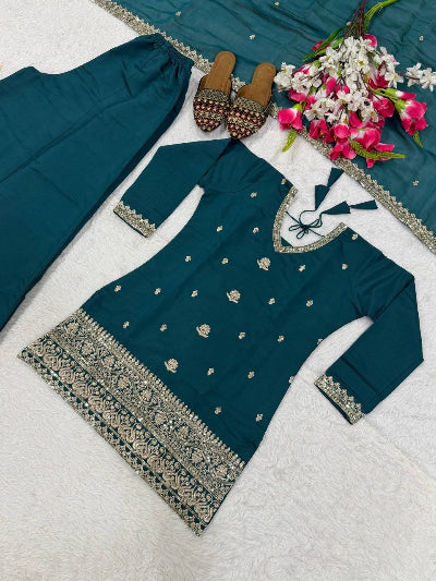 Teal Blue Sequin Embroidered Sharara Suit for Women