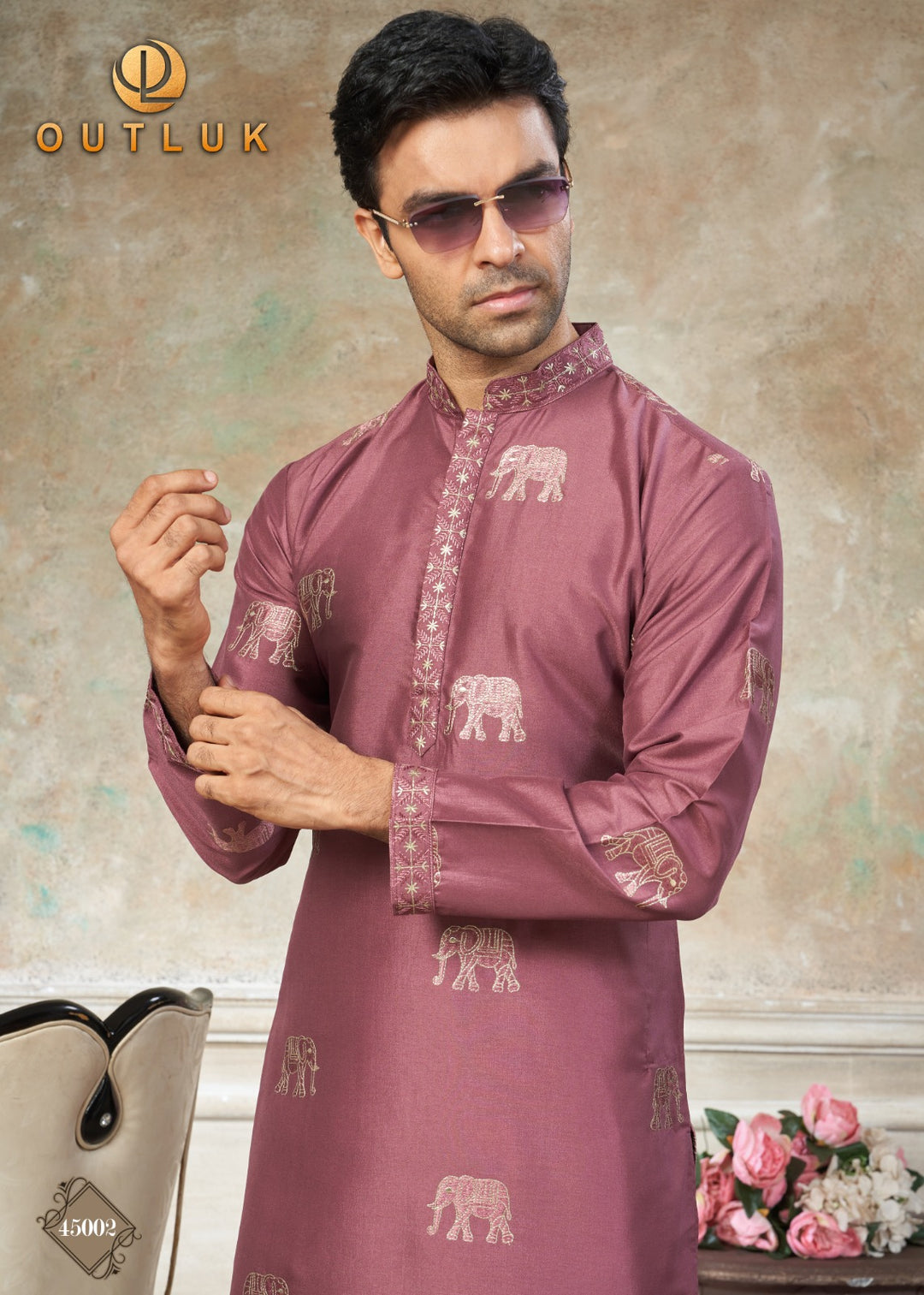Designer Men’s Silk Elephant Embroidery Kurta Pajama Set