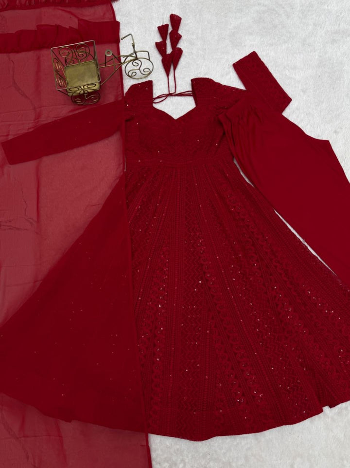 Chikankari Lucknowi Georgette Anarkali Suit-Black &amp; Red