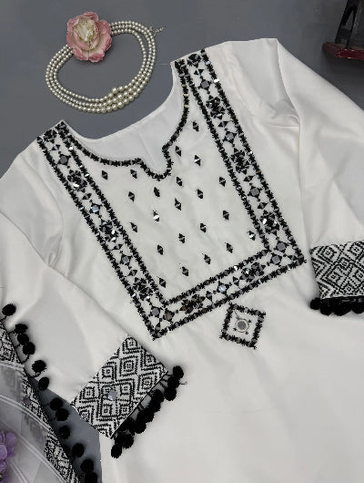 White Embroidered Mirror Work Peplum Style Suit Set