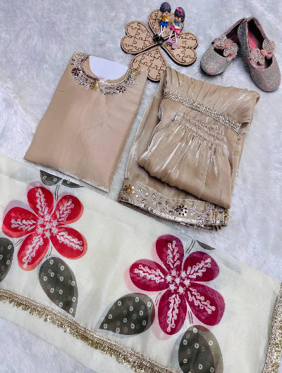 Kids Beige Gold Embroidery Work Sharara Set