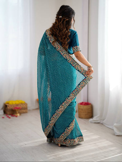 Blue Leheriya Georgette Pre-pleated Saree with Free Stitched Blouse