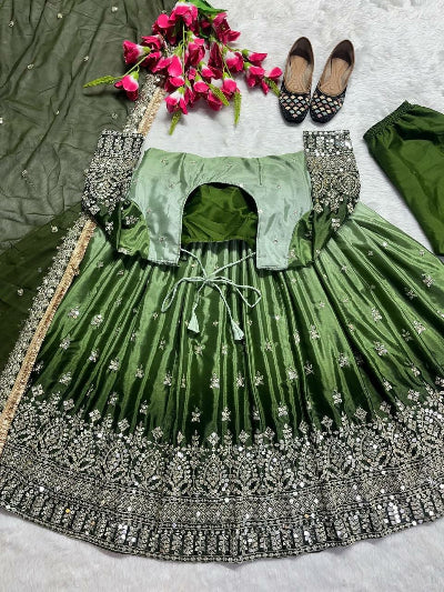 Emerald Green Sequin Embroidered Chinon Silk Anarkali Gown Set