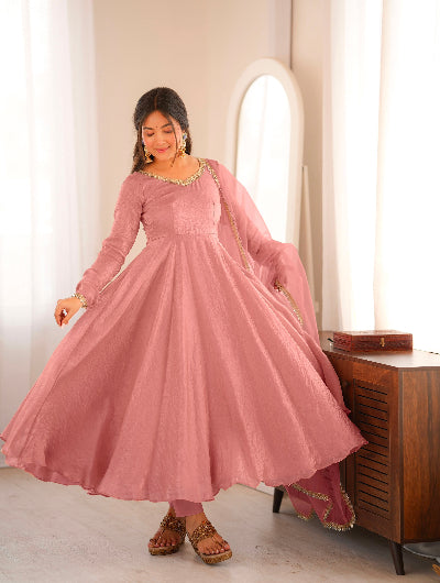 Blush Pink Crush Silk Mirror Work Gown Suit | Women&
