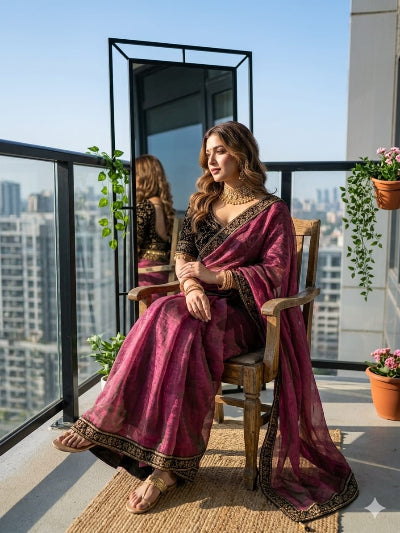 Berry Pink Embroidered Ready to Wear Chiffon Saree with Stitched Velvet Blouse