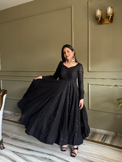 Chikankari Lucknowi Georgette Anarkali Suit-Black &amp; Red