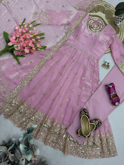 Soft Baby Pink Gold Embroidered Women&