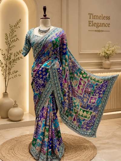 Blue Multicolour Chinon Ready to Wear Saree with Stitched Embroidered Blouse