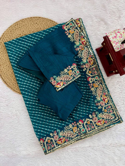 Blue Leheriya Georgette Pre-pleated Saree with Free Stitched Blouse
