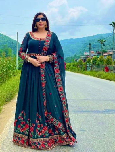 Teal Blue Embroidery Work Full Length Gown Dupatta Set of 2