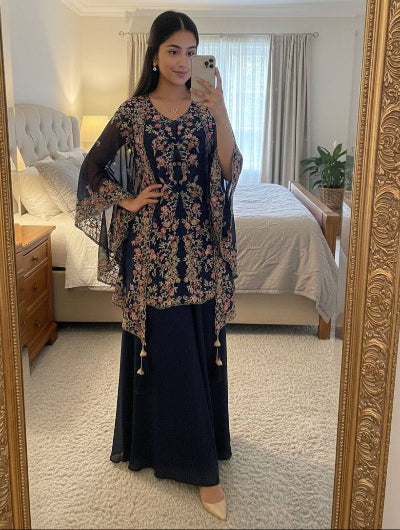 Party Wear Cape Style Suit Set with Sequence Work