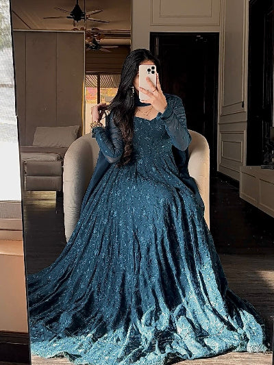 Teal Blue Georgette Embroidered Gown Dupatta Set Of 2