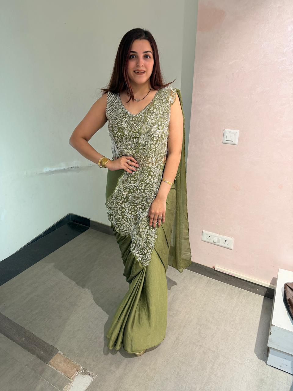 Olive Green Ready to Wear Drape Saree Embroidered Blouse