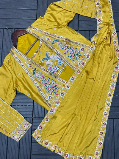 Mustard Ready to Wear Saree with Embroidered Jacket – Pre Stitched Party Wear UK